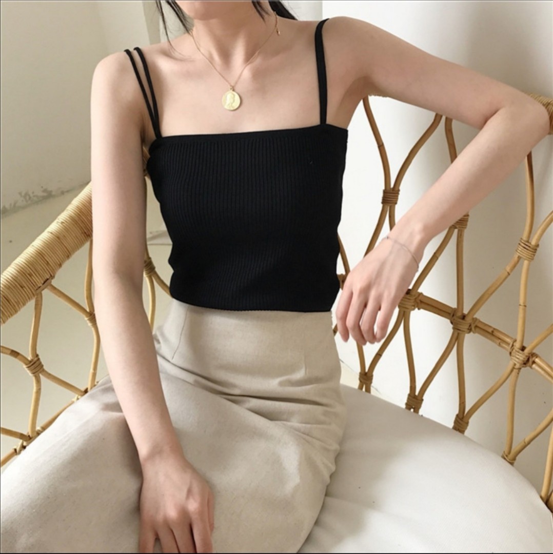 Knitted spaghetti strap top Women s Fashion Tops Sleeveless on Carousell