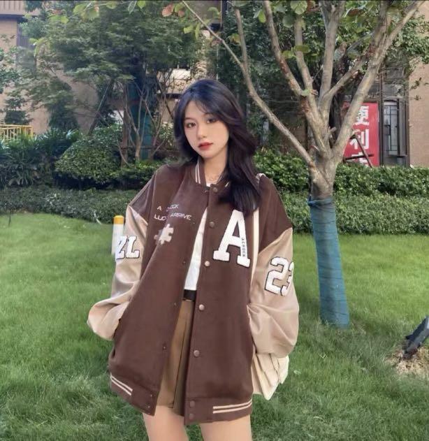 Women's varsity jacket brown clearance