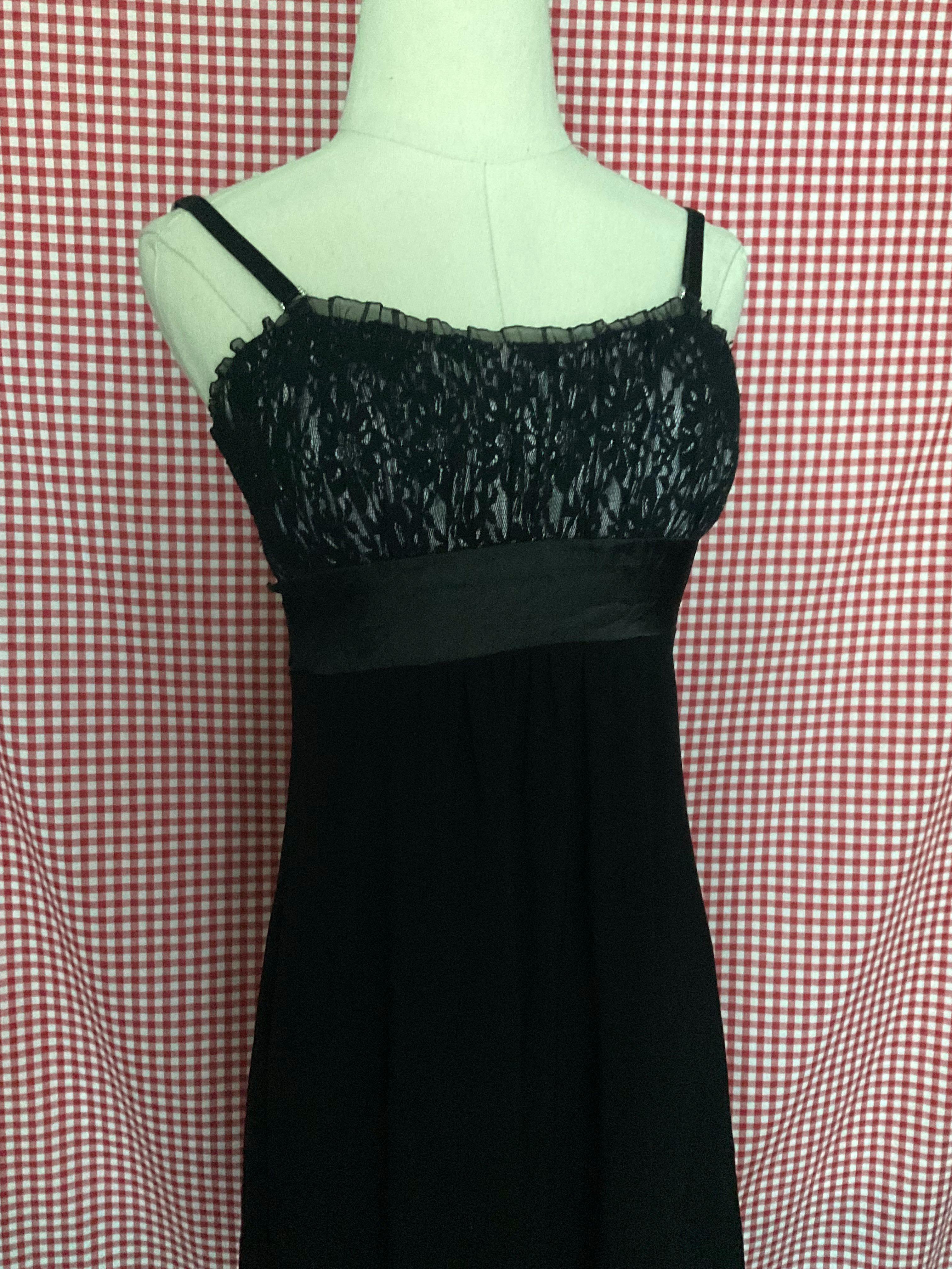 Y2k black babydoll slip dress with satin ribbon diamente rhinestone gossip girl lace ruffles gown