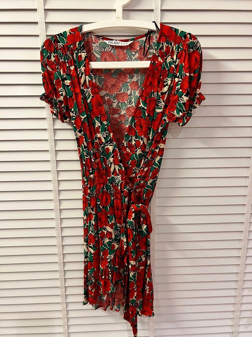 ZARA Red Floral Print Ruffle Wrap Dress ...