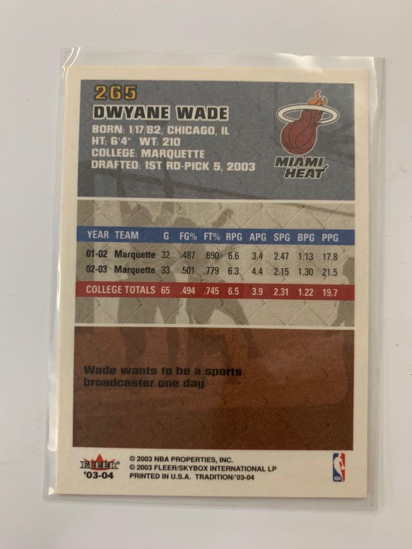 Dwayne Wade Fleer Tradition Rookie Card (Category: Raw Singles) located in Pasig City. Submitted by joeytanyag (Listing ID 1131956756, Image 2). Description: 2003 - Fleer - Tradition - Base - Standard - Dwyane Wade #265 Sport: Basketball Year: 2003 Collection: Tradition Base/Insert: Base Parallel: Standard Print Run: Unknown.