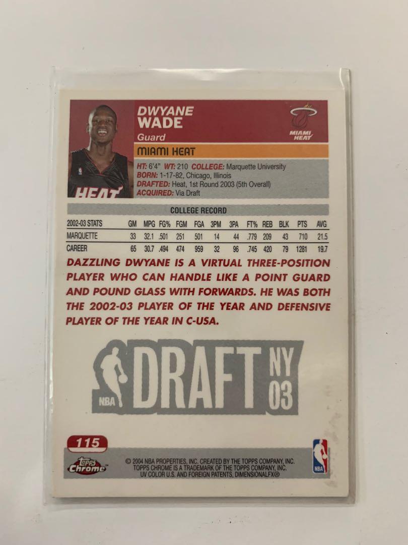 Dwayne Wade Topps Chrome Rookie Card (Category: Raw Singles) located in Pasig City. Submitted by joeytanyag (Listing ID 1131957227, Image 2). Description: 2003 - Topps - Chrome - Base - Standard - Dwyane Wade #115 Sport: Basketball Year: 2003 Collection: Chrome Base/Insert: Base Parallel: Standard Print Run: Unknown.