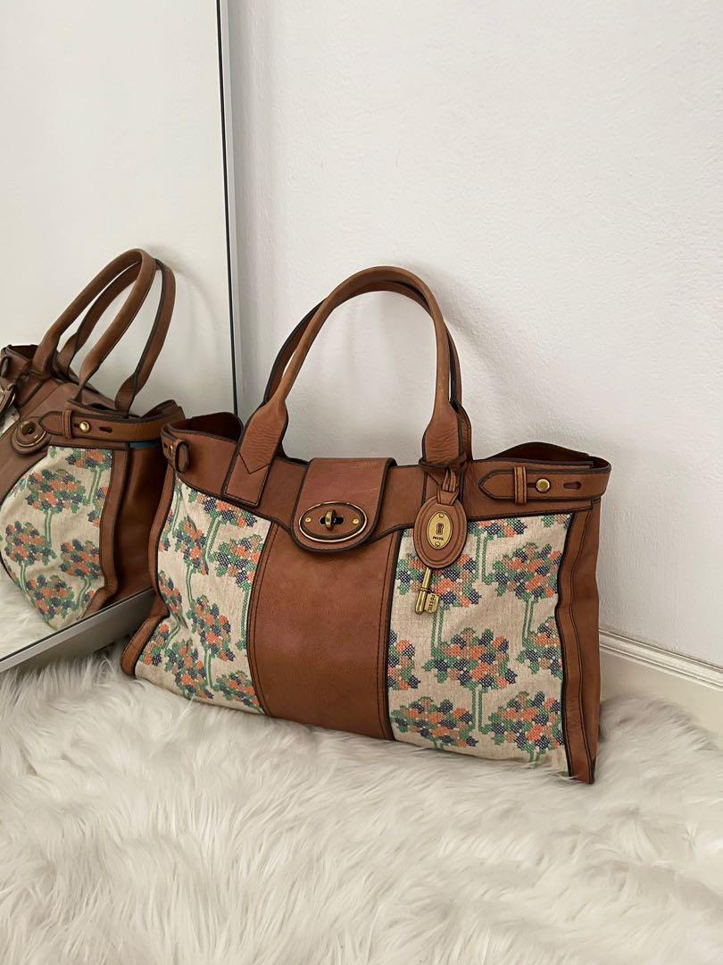 Fossil Vintage Floral Weekender Brown Leather Bag Luxury Bags