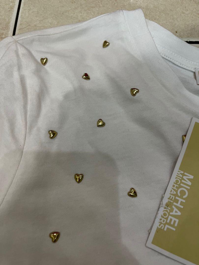Michael Kors white t-shirt with gold studs, Women's Fashion, Tops, Blouses  on Carousell