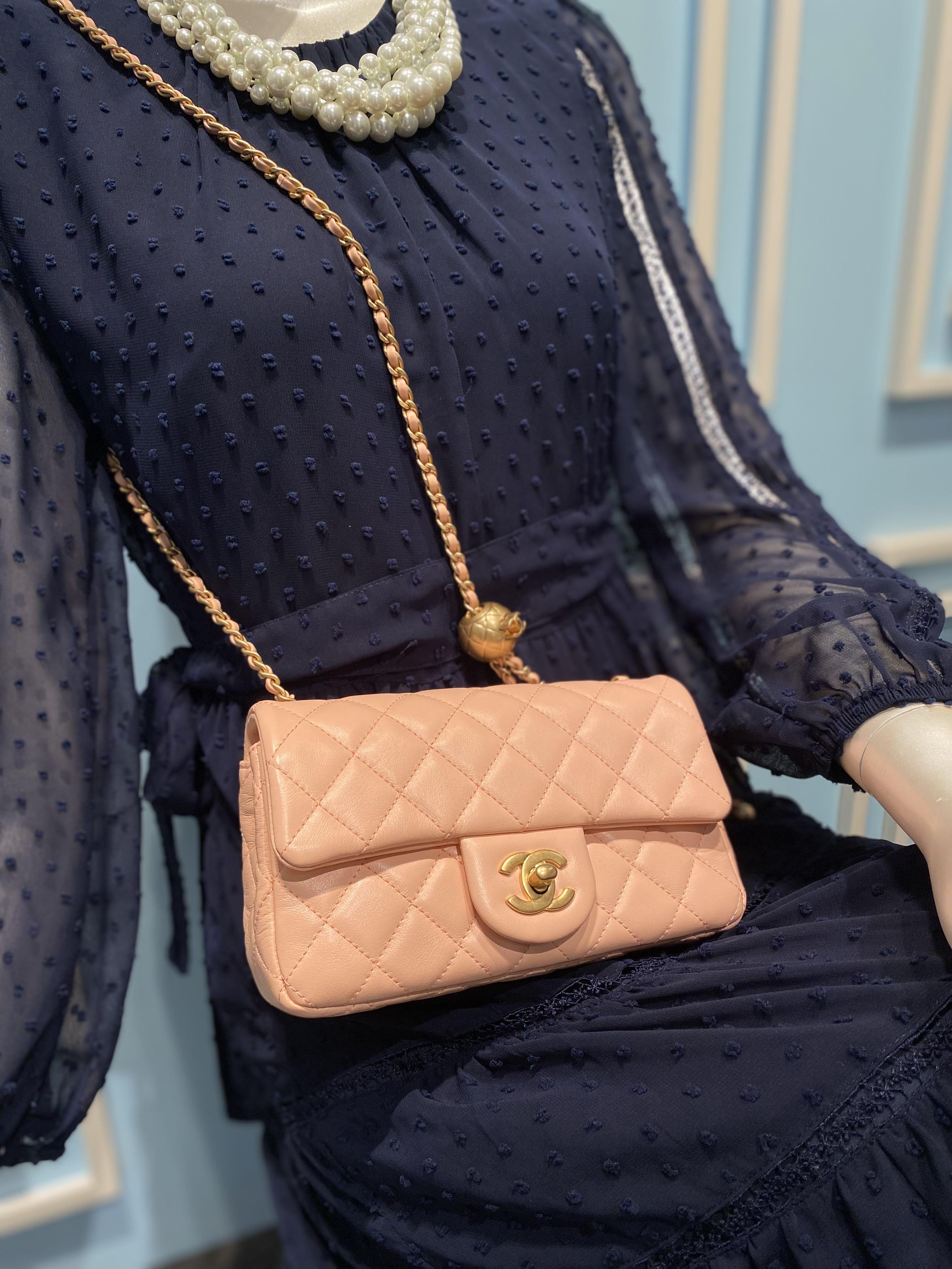 New Chanel 22C Pearl Crush mini rectangle rectangular classic flap bag gold  hardware ghw peach pink beige lambskin handbag purse orange coral