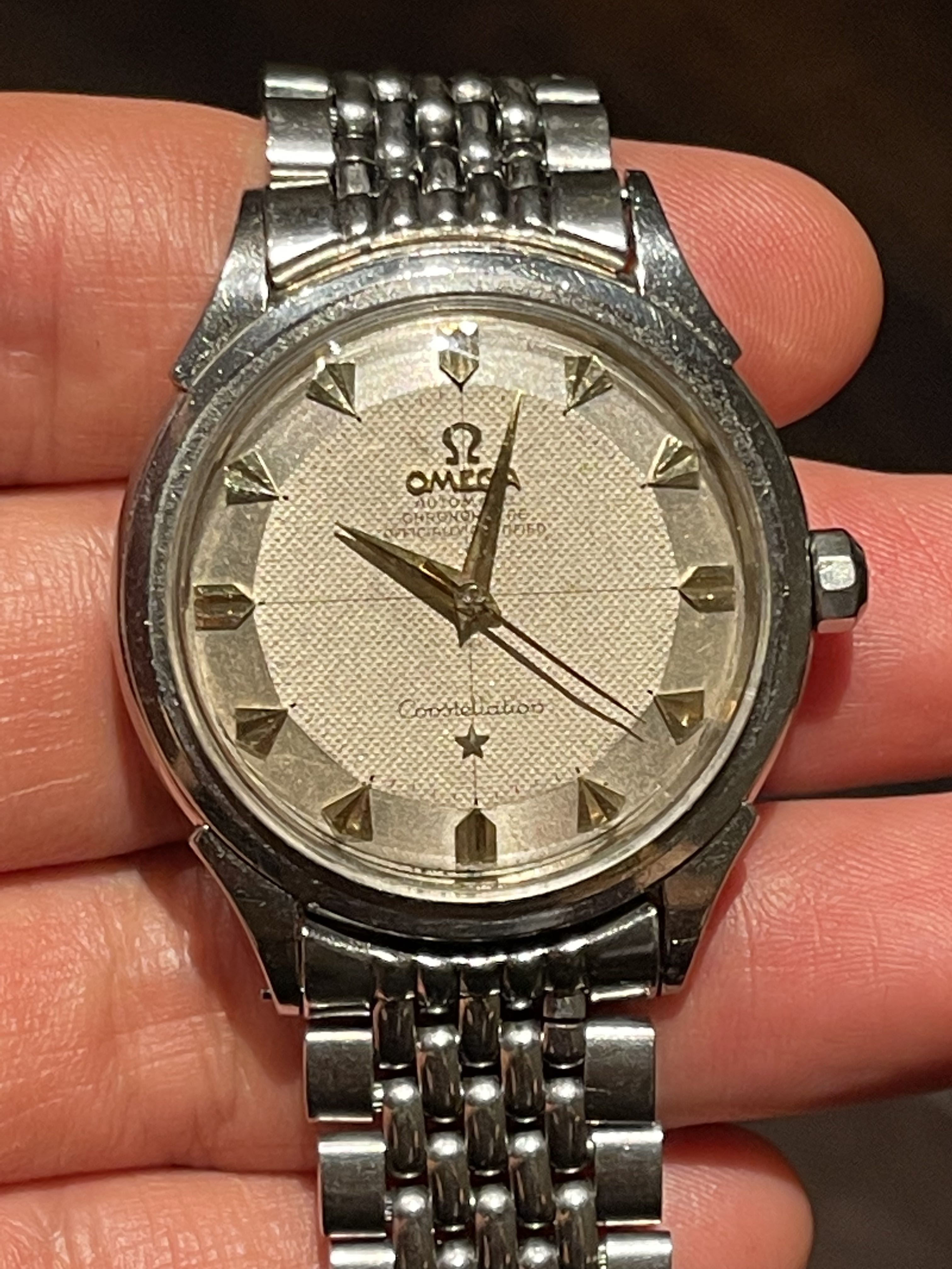 Omega constellation arrowhead pie pan guilloche dial