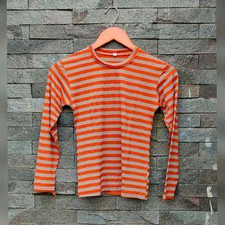 Preloved Kaos Anak 9thn Stripes Beige Orange Remaja ABG SD Oren Garis Manset Lengan Panjang