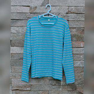Preloved Kaos Anak Biru Abu Motif Garis Manset Blue Grey Tops Lengan Panjang