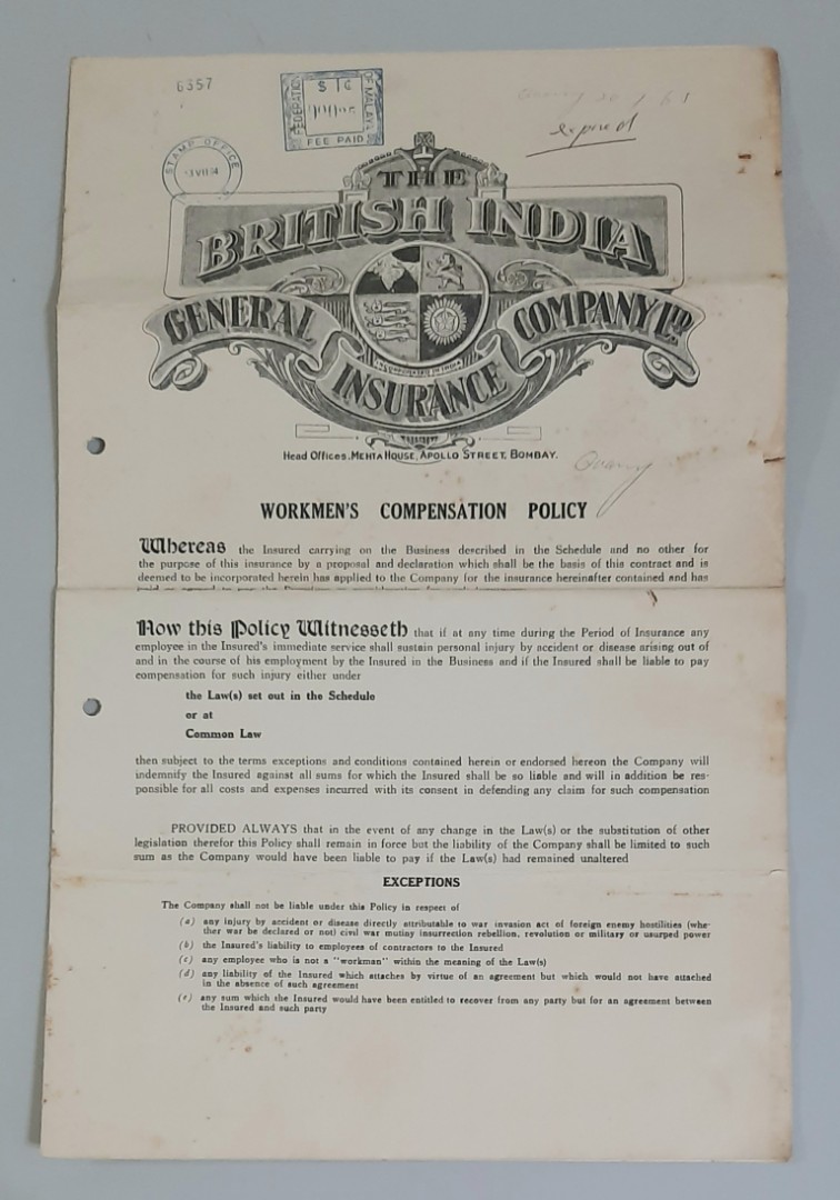 Vintage Insurance policy. BRITISH INDIA. 1964, Hobbies & Toys, Collectibles & Memorabilia