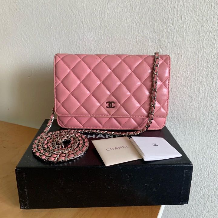 Authentic Chanel Wallet on Chain WOC in Sakura Pink Lambskin