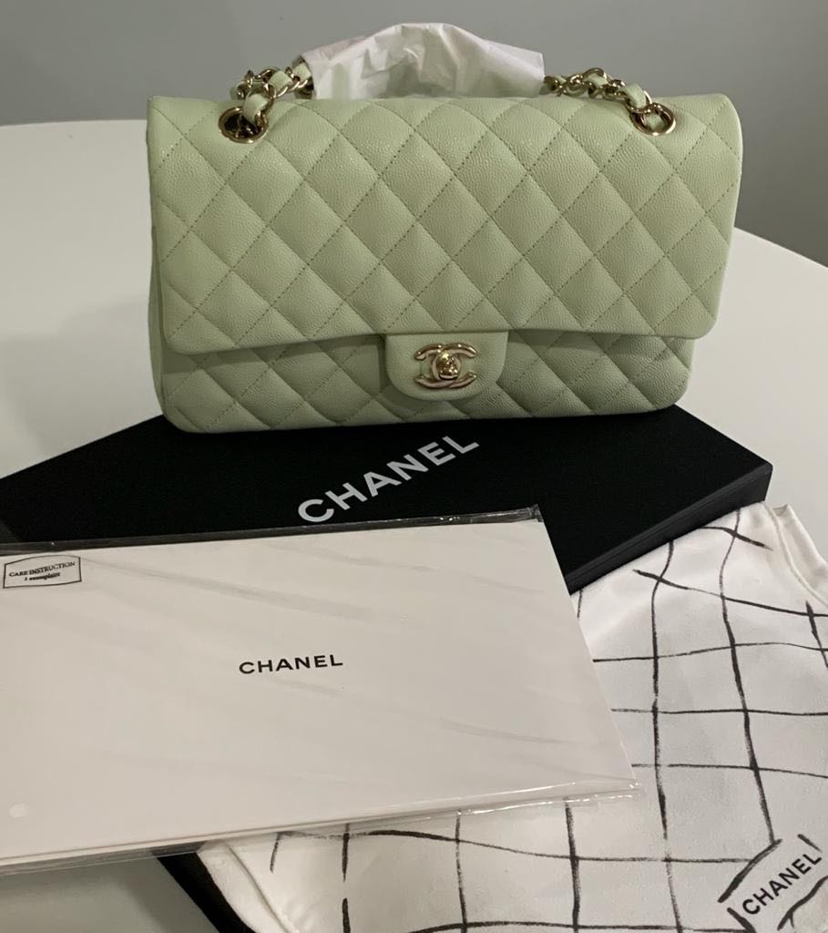 Chanel Quilted ML Medium Double Flap Iridescent Olive Green Caviar Ag   Coco Approved Studio