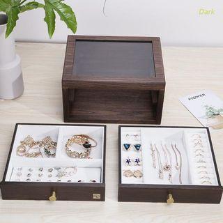 Dark Wooden Jewelry Organizer Box 2 Layer Jewelry Case Wood Display Case Ring Earrings Necklace Tray Vintage Style Walnut