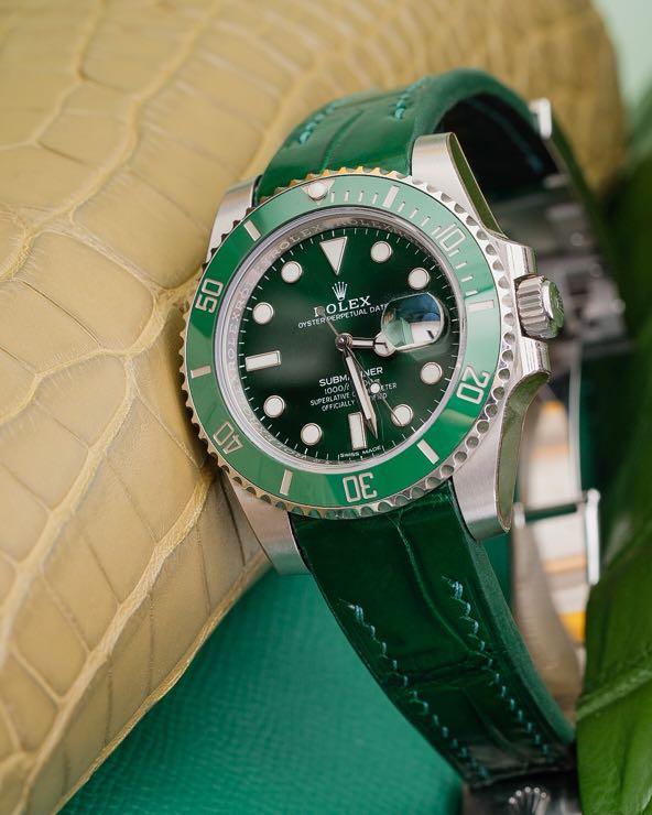 Handmade Hand-stitched Watch Strap in Hunter Green Crocodile Leather For  Client’s Rolex Starbucks 126610LV Watch