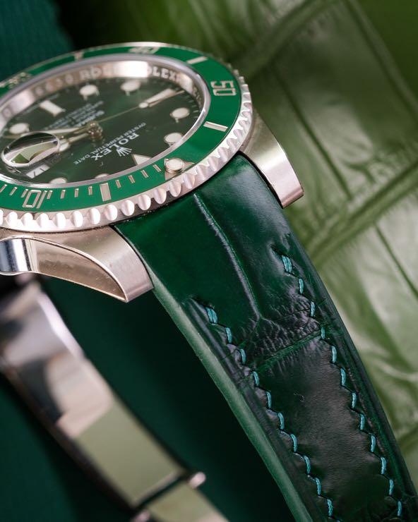 Handmade Hand-stitched Watch Strap in Hunter Green Crocodile Leather For  Client’s Rolex Starbucks 126610LV Watch