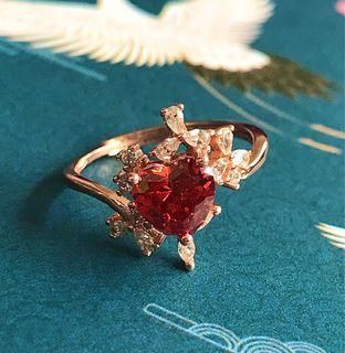 Hand-made rose gold ring with firey red heart zirconia adjustable size