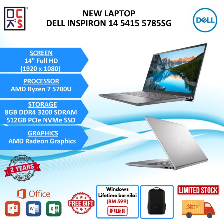 NEW Dell Inspiron 14 5415 5785SG-W10 14'' FHD Laptop Silver