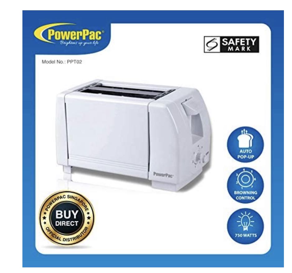 PowerPac PPT02 2 Slice Popup Bread Toaster White, Furniture & Home