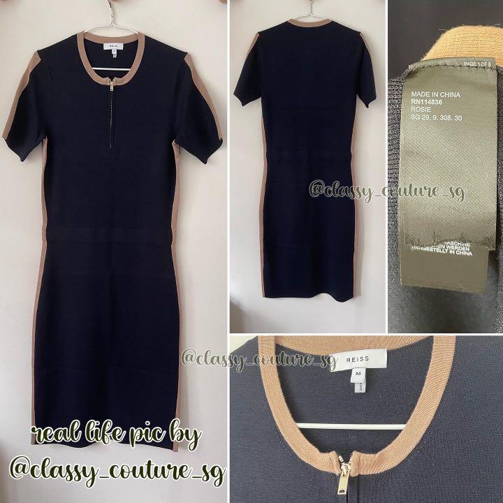 RECO Reiss Rosie Navy Camel Knitted Bodycon Midi Dress Women s