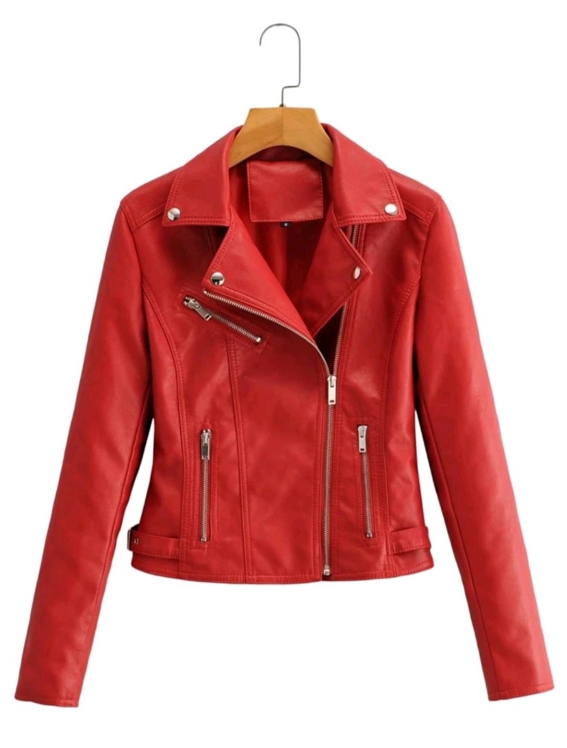 Red PU leather jacket Women s Fashion Coats Jackets and