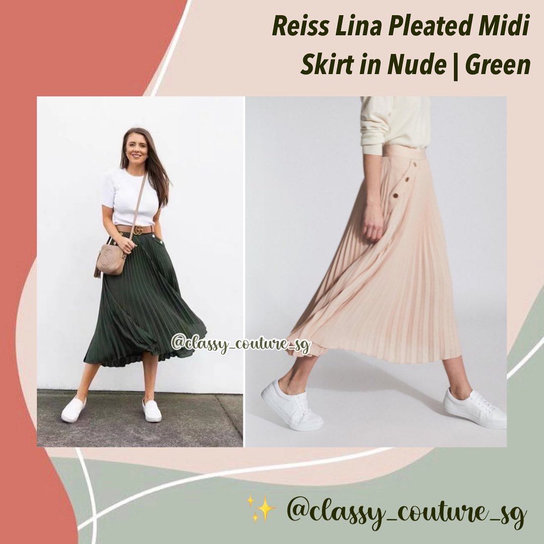 Reiss Lina Pleated Midi Skirt in Nude Green Women s Fashion