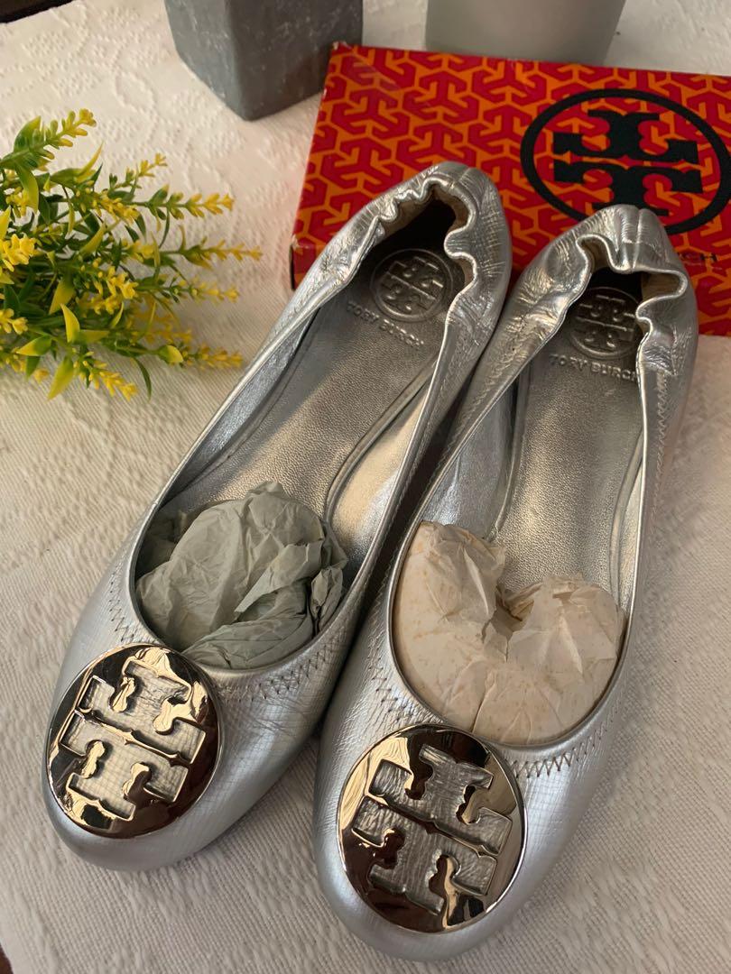 Tory Burch Metallic Silver Leather Reva Ballet Flats