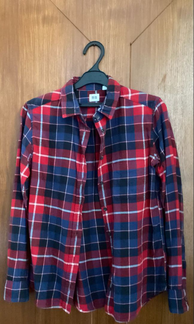 UNIQLO Kemeja Flannel Red Blue, Fesyen 