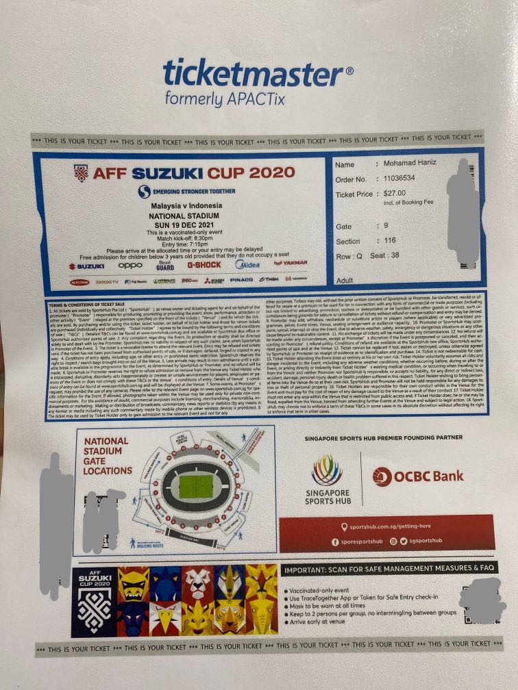 2x AFF SUZUKI CUP TICKETS MALAYSIA VS INDONESIA (HOME) MALAYSIA SIDE