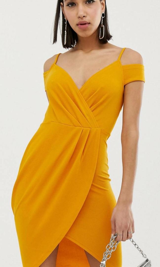 AX Paris Mustard Wrap midi dress with strap detail Women s