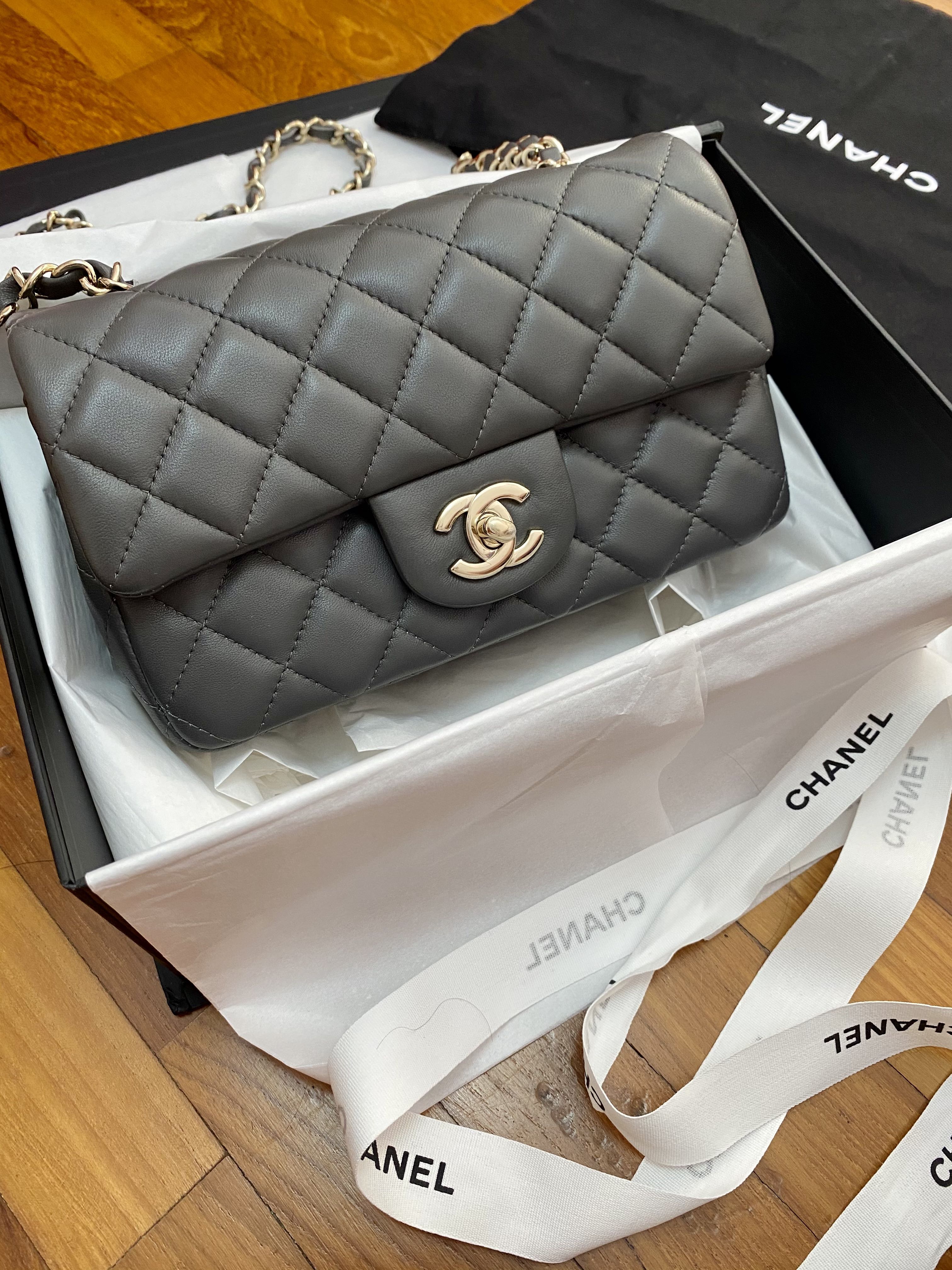 Chanel Mini Rectangular Dark Grey Lamb skin Like New, Luxury, Bags