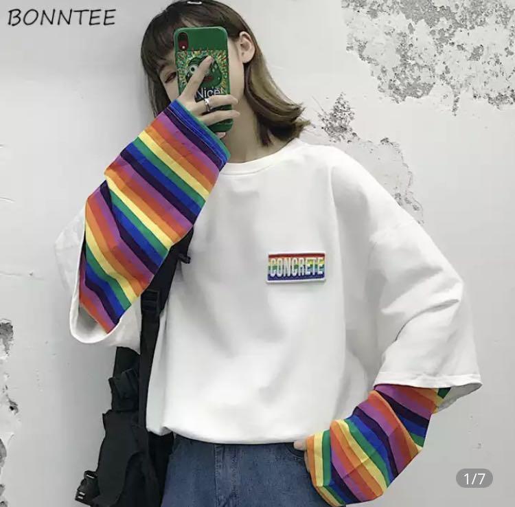 Hoodies Women Ulzzang Fake Two Pieces Sweet Rainbow Striped Womens