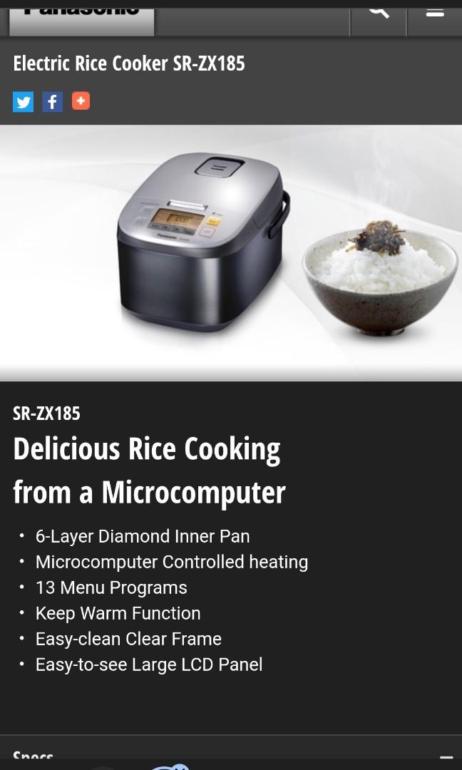Panasonic Smart rice cooker SRZX185, TV & Home Appliances, Kitchen