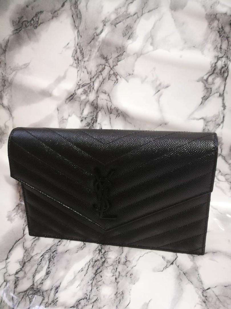 YSL ENVELOPE CHAIN WALLET IN GRAIN DE POUDRE EMBOSSED LEATHER, Women's Fashion, Bags & Wallets