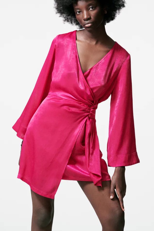 Zara Pink Satin Wrap Dress, Women's ...