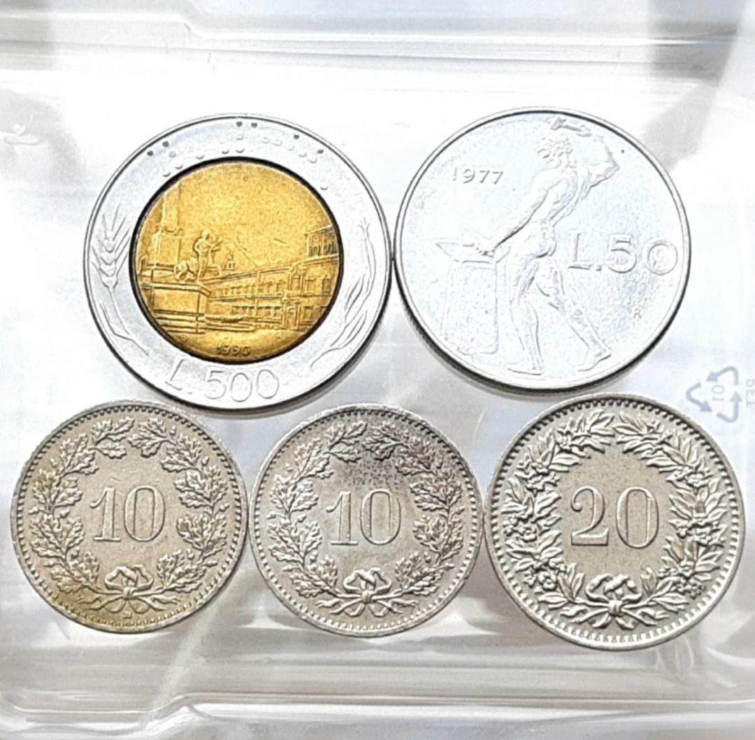 五個硬幣5pcs 意大利Italy 1990年500 Lire 里拉雙色幣& 1977年50 Lire 理拉|瑞士Switzerland 1983年&  1997年10 Rappen Libertas 瑞士法郎CHF 錢幣| 南歐x2pcs 中歐或西歐x3pcs, 興趣及遊戲, 收藏品及紀念品, 錢幣-