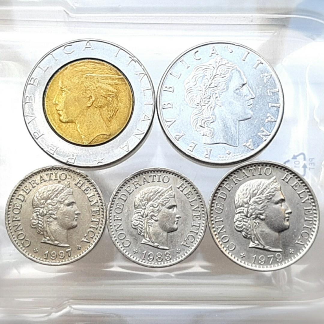 五個硬幣5pcs 意大利Italy 1990年500 Lire 里拉雙色幣& 1977年50 Lire 理拉|瑞士Switzerland 1983年&  1997年10 Rappen Libertas 瑞士法郎CHF 錢幣| 南歐x2pcs 中歐或西歐x3pcs, 興趣及遊戲, 收藏品及紀念品, 錢幣-