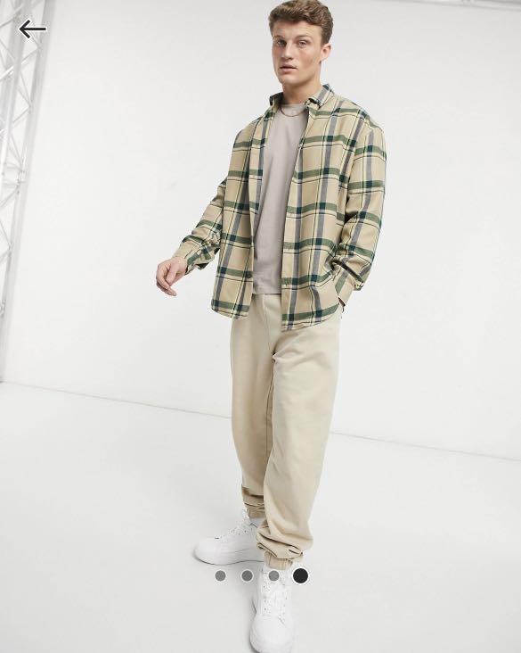 ASOS design 90s oversized check shirt in beige and green, Men's