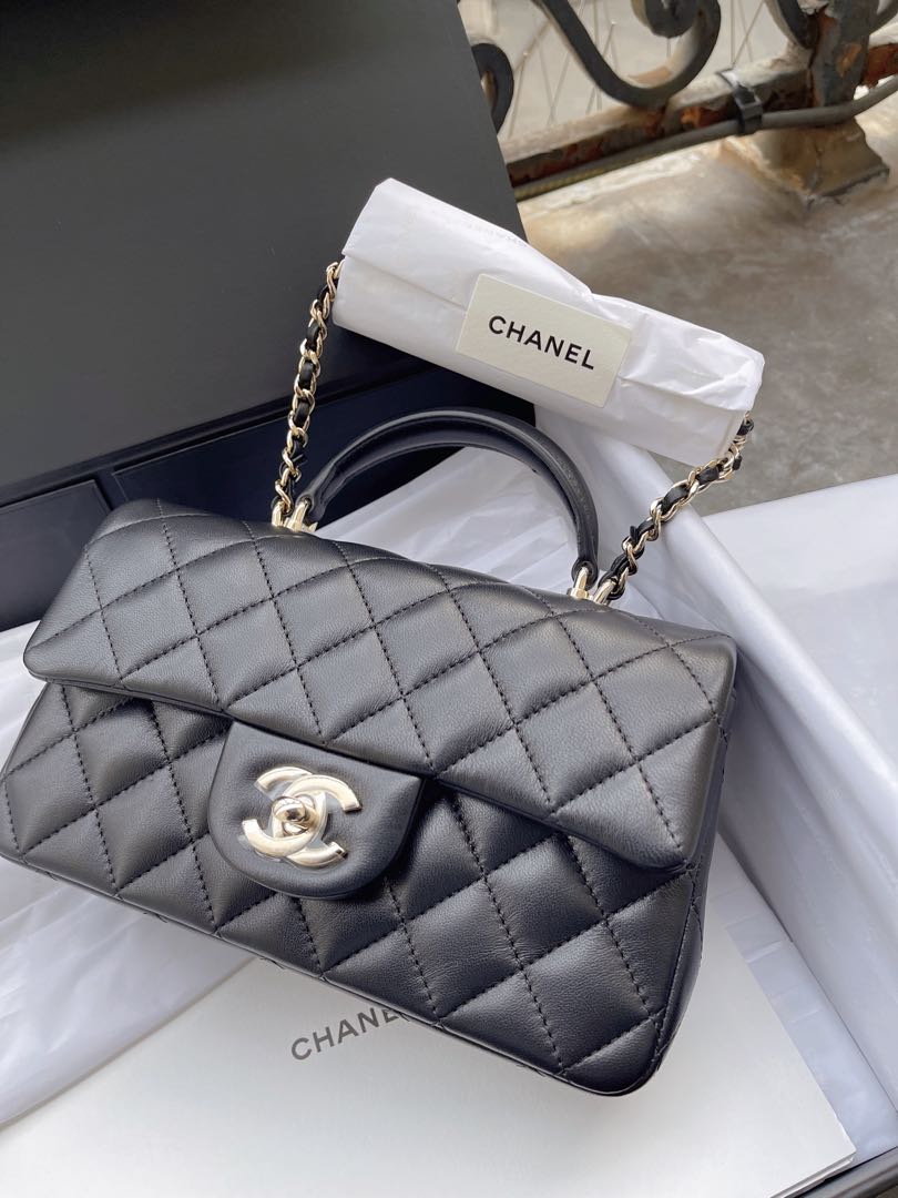 Chanel mini flap bag with top handle in Champagne GHW, Luxury