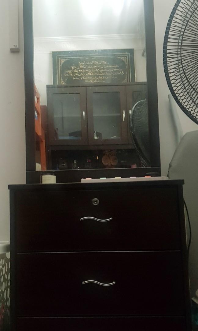 Dressing Table (Category: Shelves, Cabinets & Racks) located in Singapore. Submitted by tuberose.090909 (Listing ID 1132433920, Image 1). Description: No cracks on all side and edge Condition 8/10 first drawer with lock key 4tier flat shelf behind mirror. Self collect from Toa Payoh East.