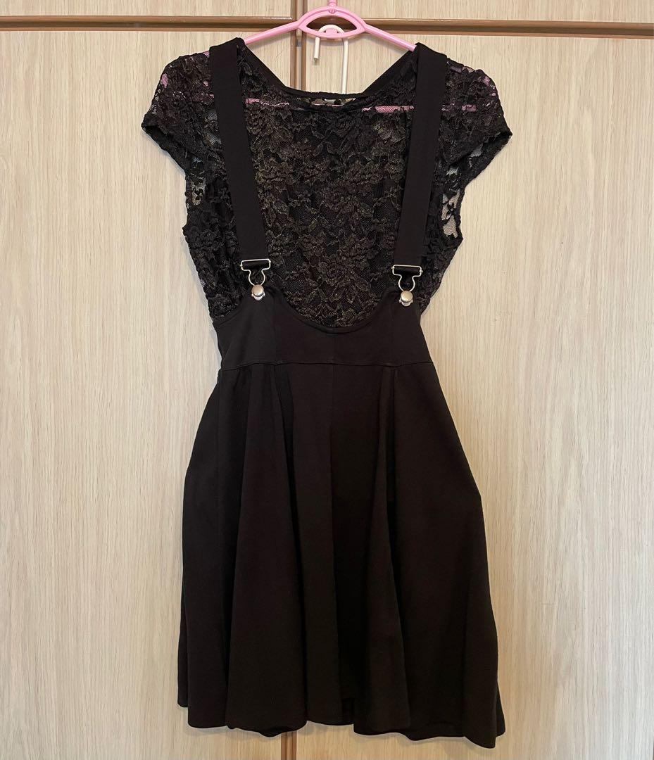H M Black Suspender Skirt Dress high waist flared skater skirt size S