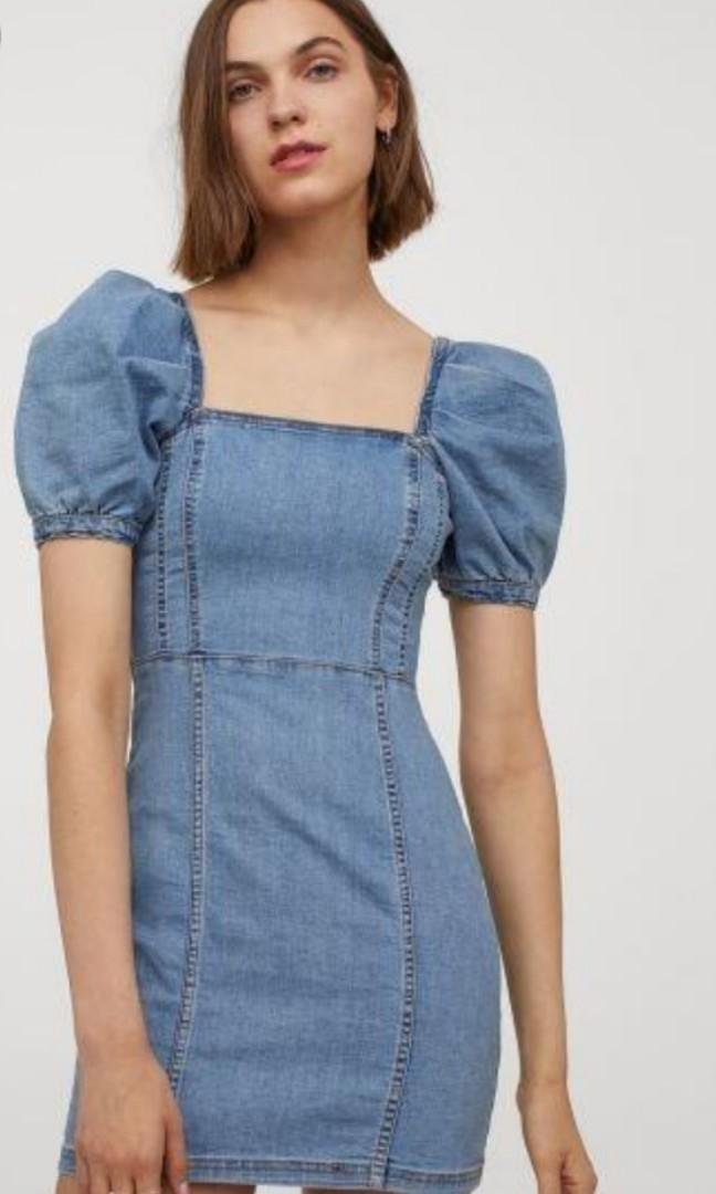 H M denim puff sleeve dress Women s Fashion Dresses Sets