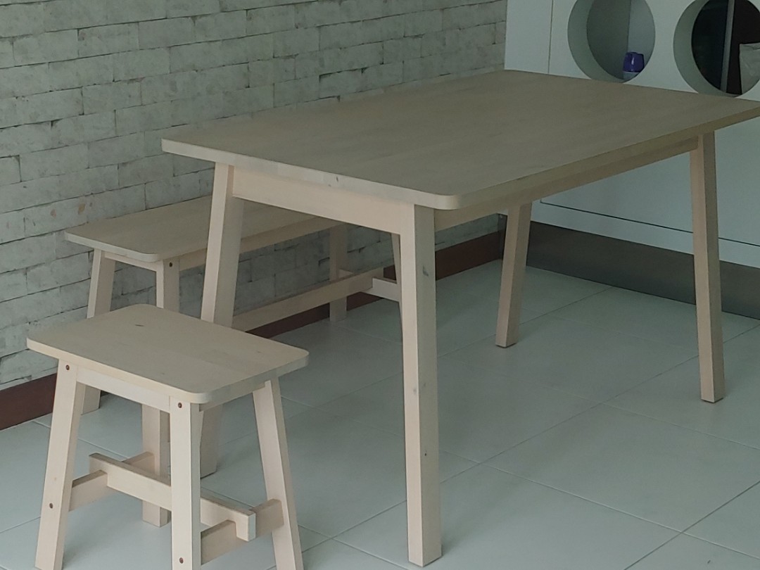 Ikea wooden table with benches, Furniture & Home Living, Furniture