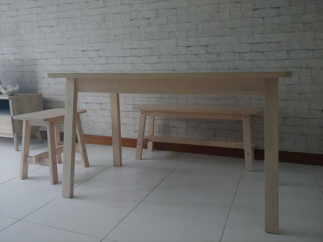 Ikea wooden table with benches, Furniture & Home Living, Furniture