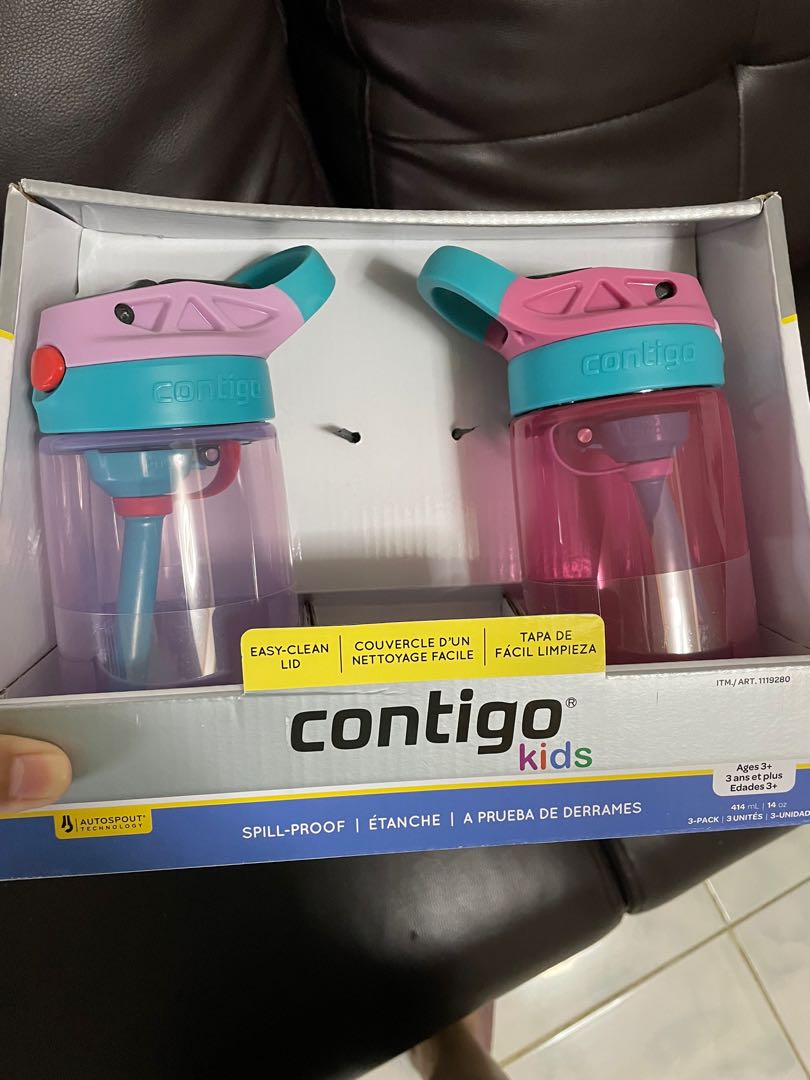 Contigo Kids Water Bottle 14 oz with Autospout Technology Spill Proof  Easy-Clean Lid Design Ages 3 Plus Top Rack Dishwasher Safe 3-Pack  Purple/Blue/Pink