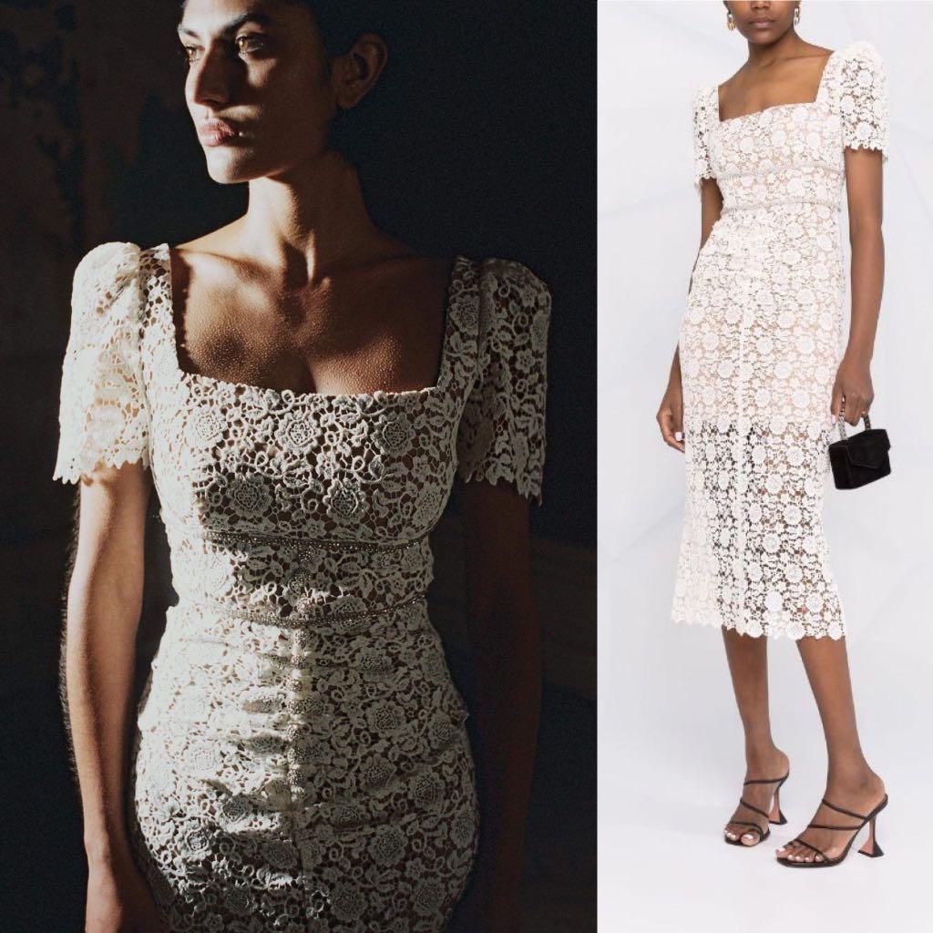 Self Portrait Ivory White Guipure Fitted Midi Dress