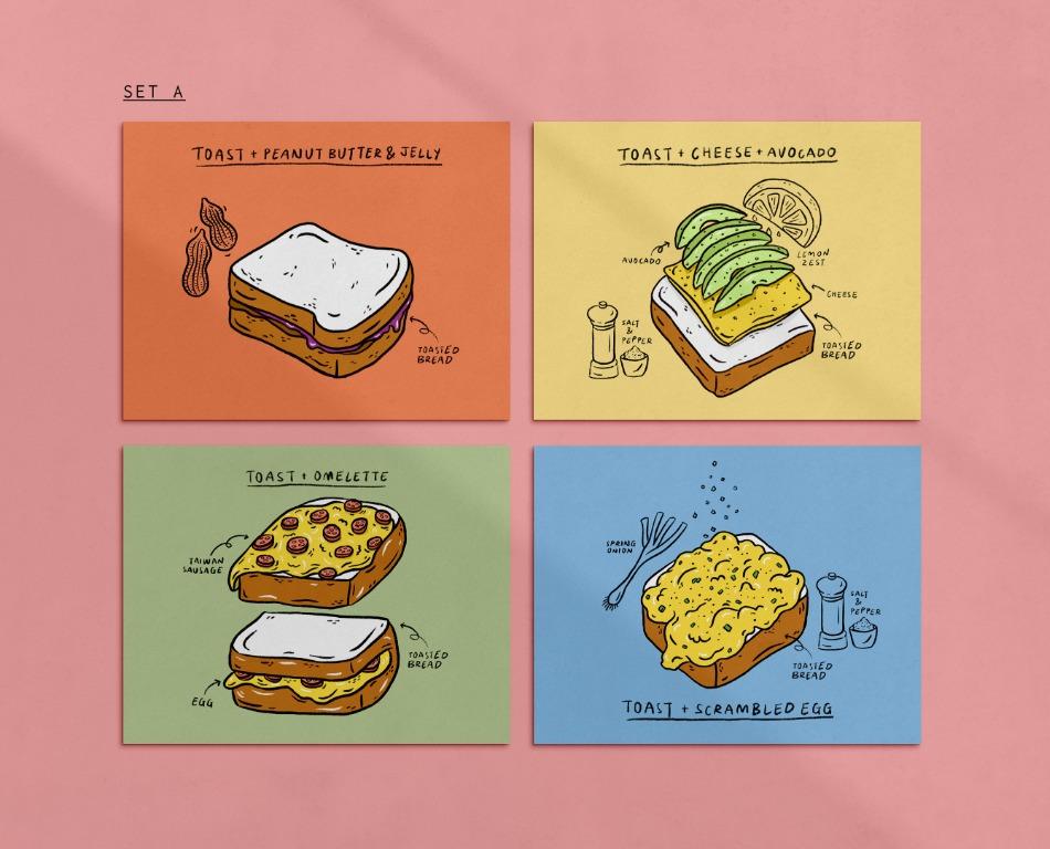 Set of 4 Toast Art Print | Postcard | Greeting Card | Bookmark, Hobbies ...