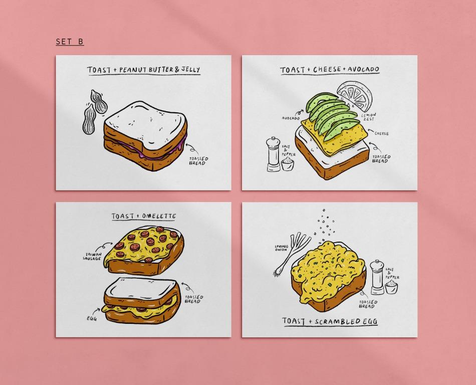 Set of 4 Toast Art Print | Postcard | Greeting Card | Bookmark, Hobbies ...