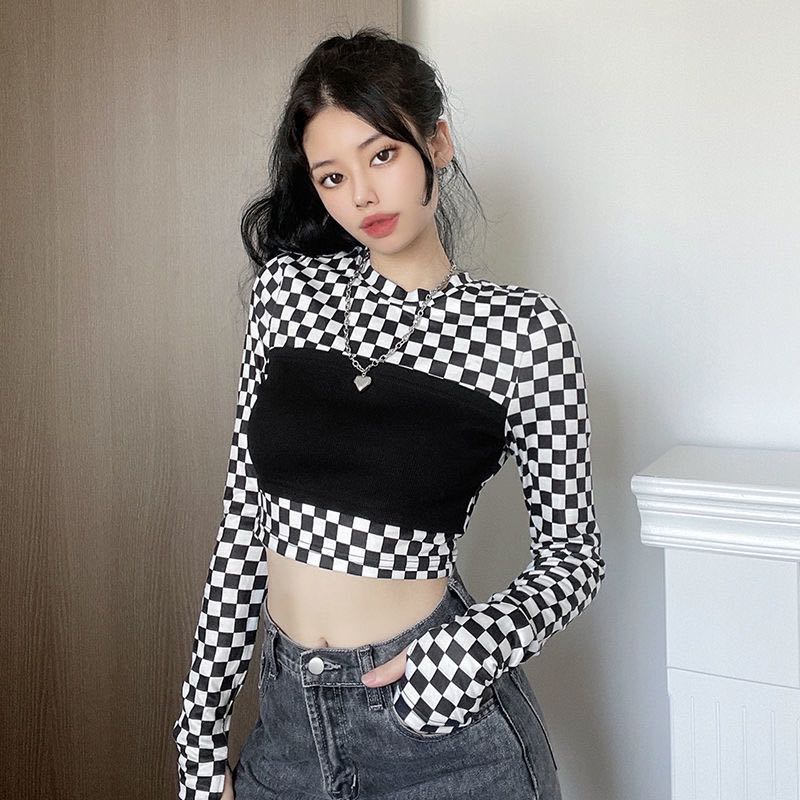 Ulzzang fake two piece checkered crop top korean long sleeve top