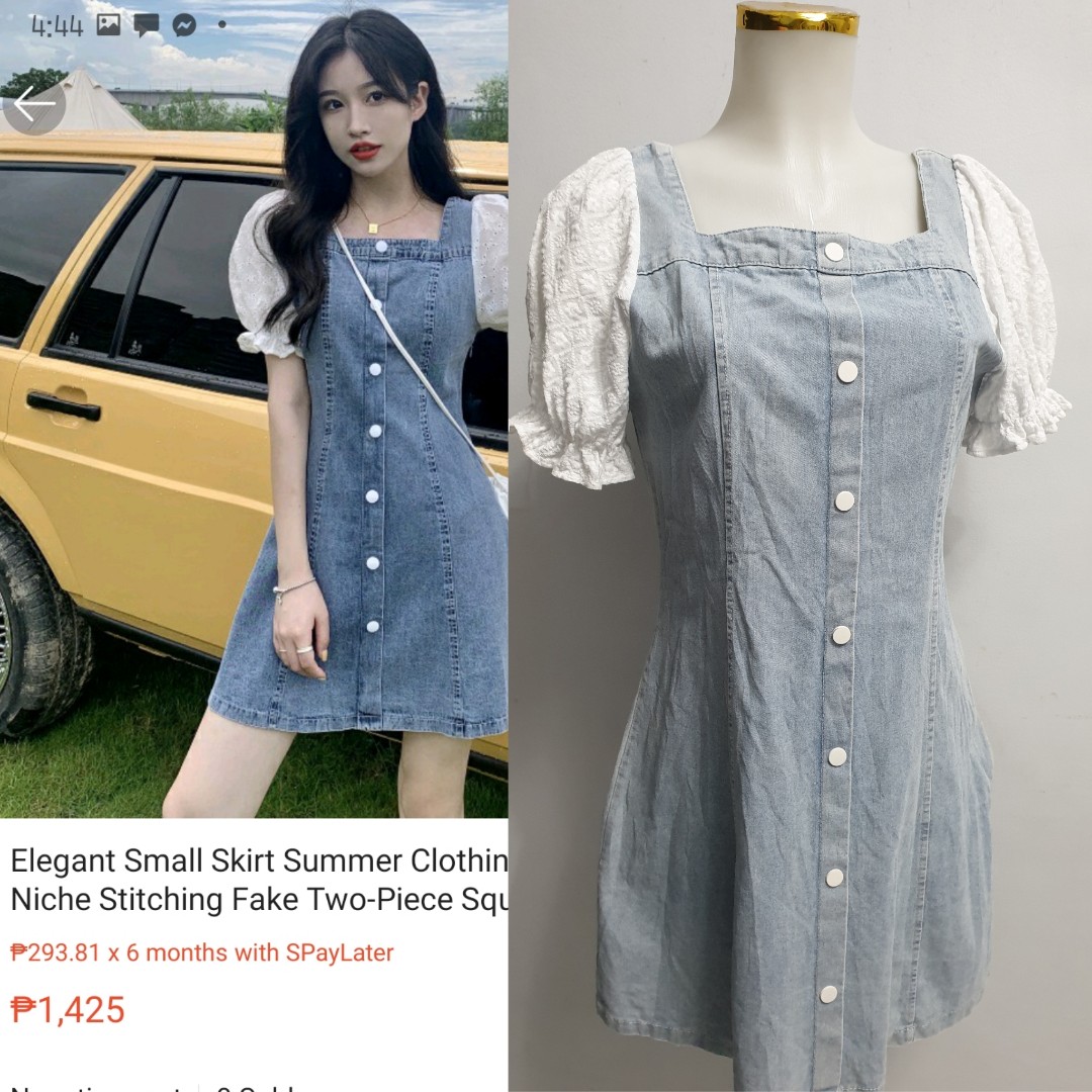 White eyelet puff sleeve denim dress, Women's Fashion, Dresses & Sets ...