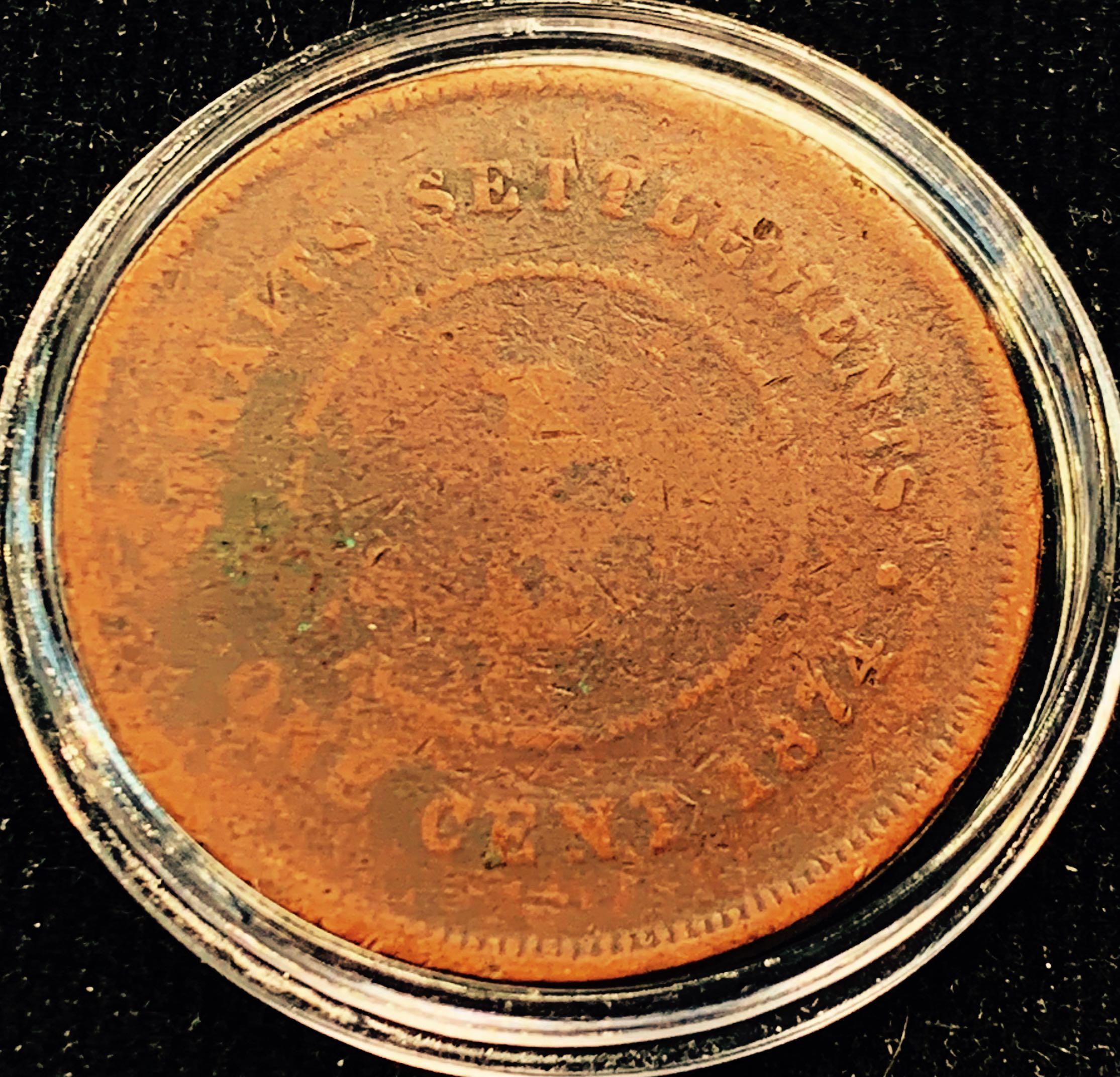 1874 Old British Straits Settlements Queen Victoria ONE 1-Cent Pure Copper  Minor Coin. well-Circulated
