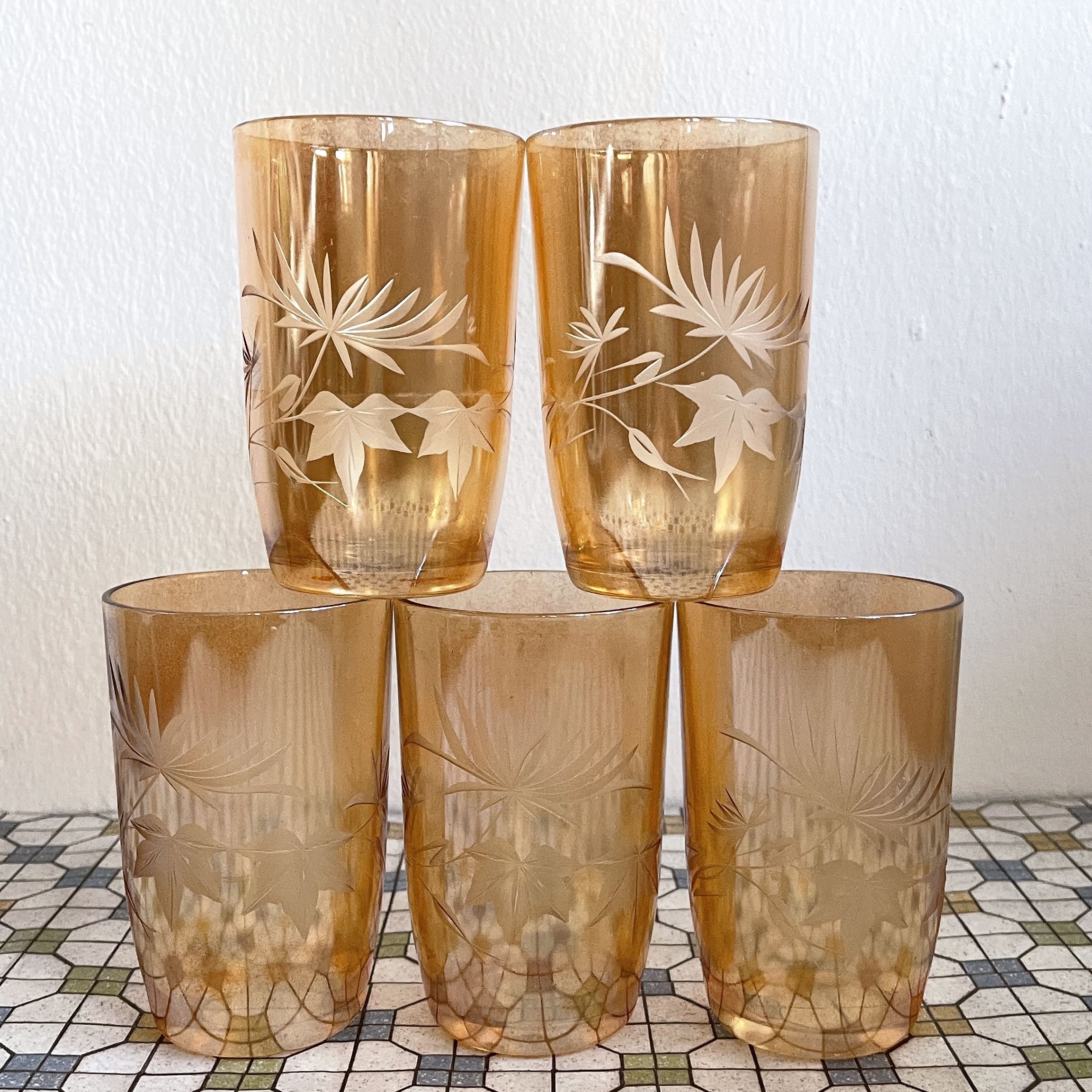 RESERVED - 5 vintage marigold lustre floral etched drinking glasses ...